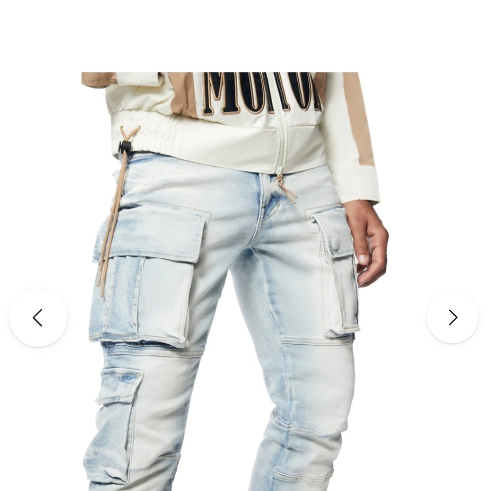 Blue Slim Fit Cargo Jeans with Distressed Details